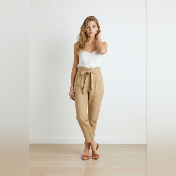 Calvin Klein Pants - Calvin Klein SZ 4 Tan Belted Paperbag Pleated Linen Blend Pant Utility Pockets